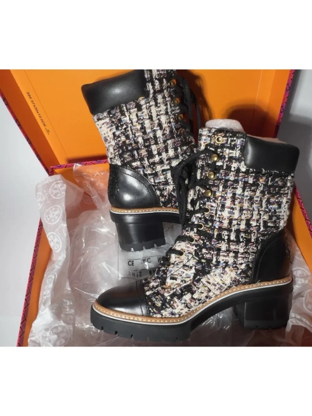 Tory Burch Tweed Leather Lace-Up Ankle Boots Women’s 7.5 New in Box